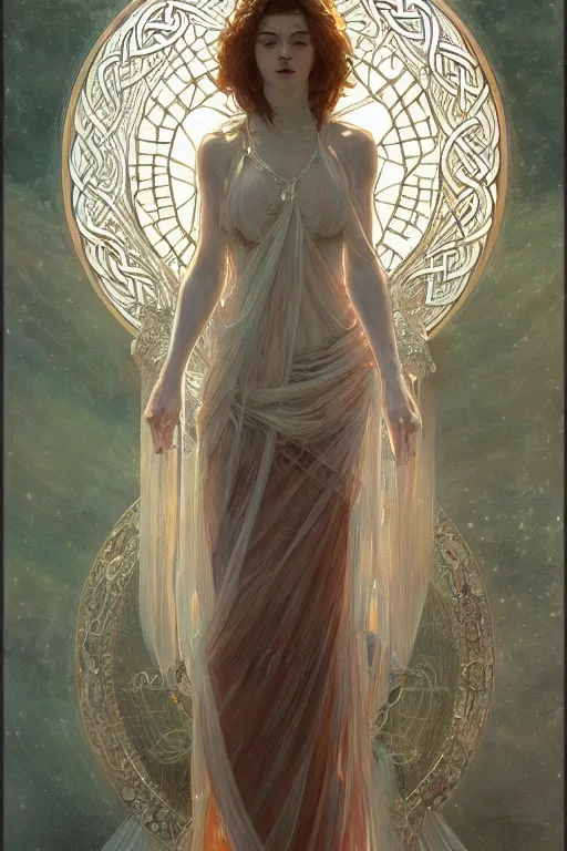 Image similar to a full body portrait of a beautiful ethereal delicate celtic mage queen meditative sacral pose catholic stages of the cross, intricate, elegant, highly detailed, digital painting, artstation, concept art, smooth, sharp focus, illustration, art by krenz cushart and artem demura and alphonse mucha