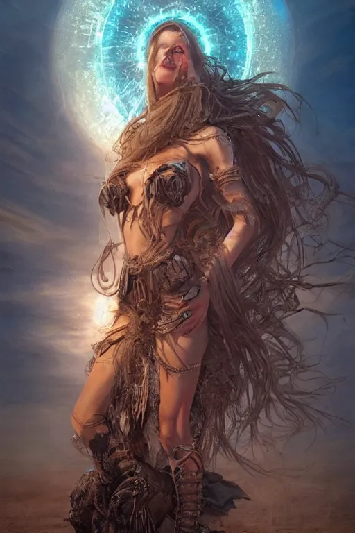 Prompt: a centered photo of a post apocalyptic goddess at burning man festival playa, powerful, cinematic, beautifully lit, by artgerm, by karol bak, 3 d, perfect face and body, trending on artstation, octane render, 8 k