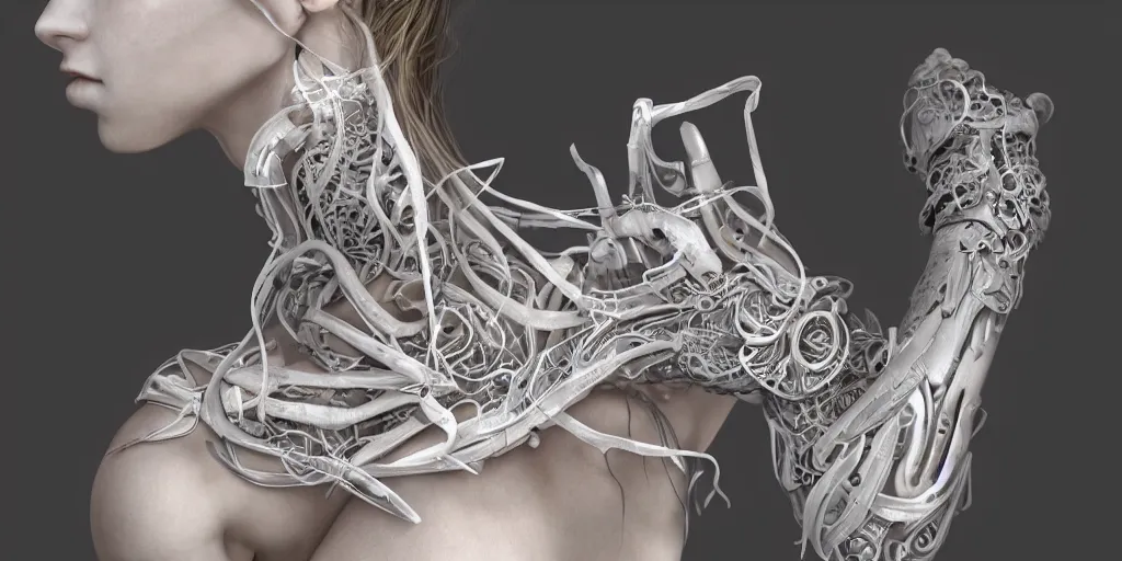 Image similar to hyper realistic photography of a stunningly beautiful cyborg female, elbow, plated arm, intimate, holding close, ribbons, in the style of beth cavener, jin kagetsu,, and wlop, highly detailed, intricate filigree, symmetry, masterpiece, award winning, sharp focus, concept art, highkey lighting, ambient lighting, octane render, 8 k, artstation