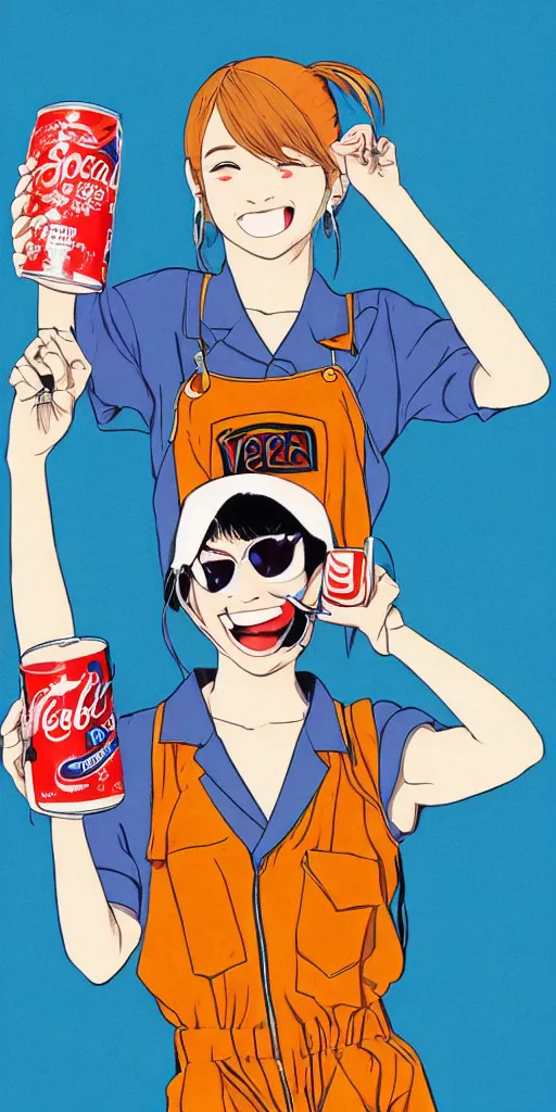 Image similar to y 2 k aesthetic japanese pop - culture magazine illustration, girl in tank - top and denim jump suit holding a can of soda near her smiling face