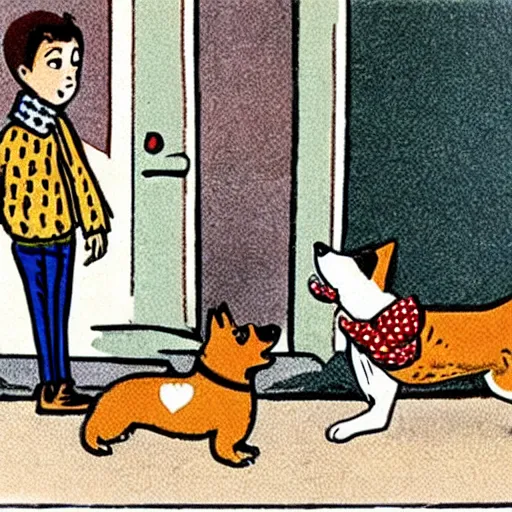 Image similar to book illustration of a french boy on the streets of paris playing football against a corgi, the dog is wearing a polka dot scarf, 1 9 6 6