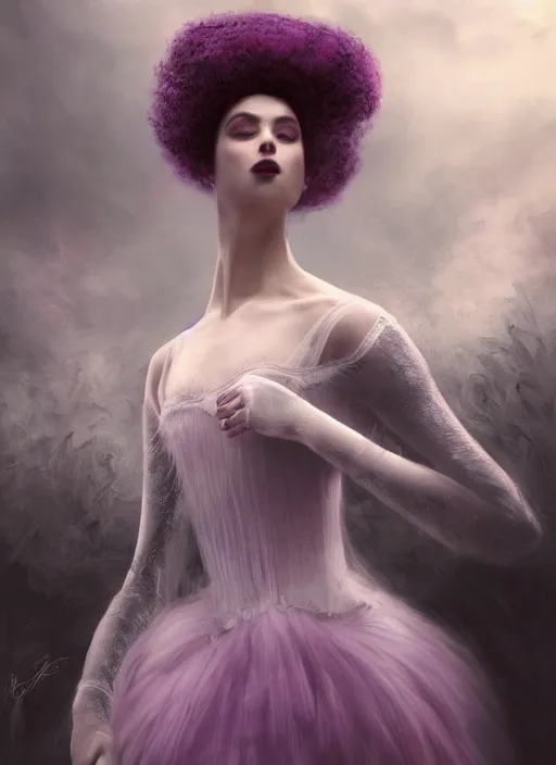 Image similar to picture generation, soft painting curiosities carnival, beautiful prima ballerina in full long dress, accurate features, focus, very intricate ultrafine details, black white purple volumetric clouds, award winning masterpiece, octane render 8 k hd, tom bagshaw artstyle