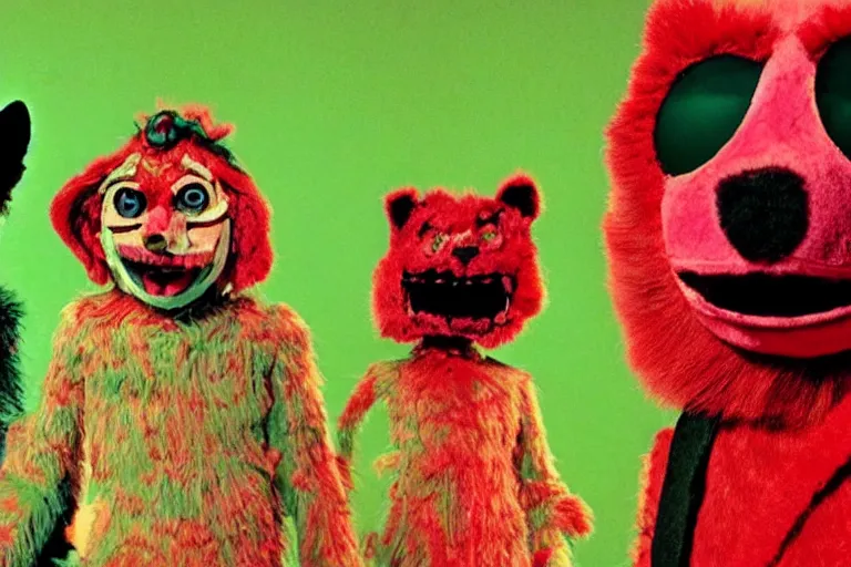 Prompt: a glitchy color still from a horrific live action 1 9 6 4 kids show about, unnatural furry puppets, grunge, horror, despair, broken