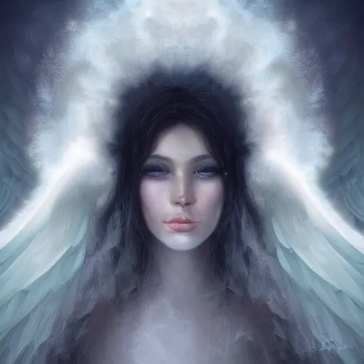 Prompt: head and shoulders portrait of an angelic creature, dark fantasy, mystic, abstract background, feminine beauty, elegant, intricate, face, medium shot, trending on artstation, volumetric light, by Fernanda Suarez and Karol Bak