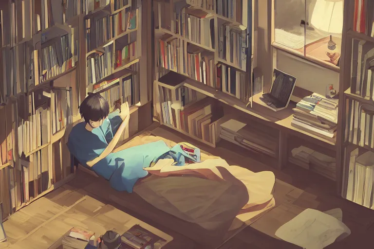 Prompt: a room of a japanese young man, bookshelves, cd, tiny, clean and tidy, small balcony, tatami, warm, cozy, isometric art, bright, artstation, highly detailed, cinematic lighting + masterpiece, life is strange, illustration