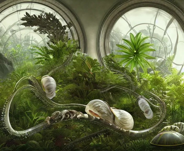 Image similar to simplicity, transparent clear see - through image of mollusks, lush botany, orchids, ferns, biomechanical environment, ultra realistic, concept art, photorealistic, octane render, 8 k, unreal engine. art by gustave dore and nori inoguchi and sam kaplan and zachary goulko and christopher marley and artgerm and alphonse mucha