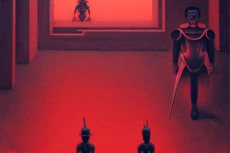 Prompt: only with red, a red samurai humanoid, tokio futuristic in background, yokai, in the style of beksinski, parts by edward hopper, parts by rodcenko, parts by yue minjun, intricate and epic composition, red by caravaggio, insanely quality, highly detailed, masterpiece, red light, artstation, 4 k