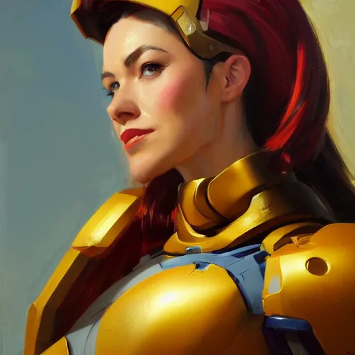 Image similar to greg manchess portrait painting of a female ironman as overwatch character, medium shot, asymmetrical, profile picture, organic painting, sunny day, matte painting, bold shapes, hard edges, street art, trending on artstation, by huang guangjian, gil elvgren, ruan jia, greg rutkowski, gaston bussiere