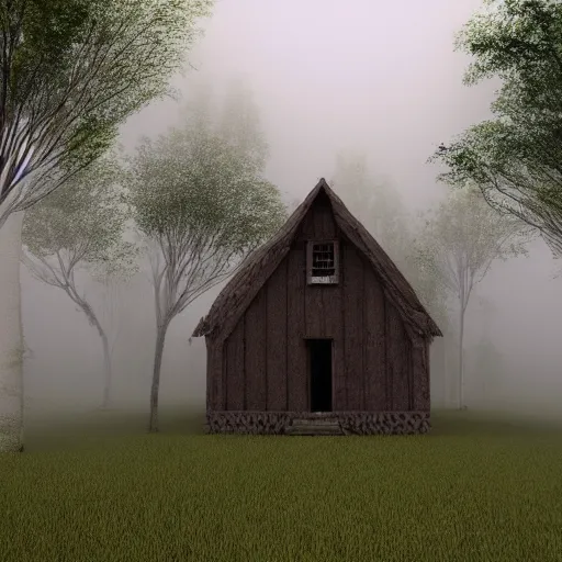 Image similar to render fog highly detailed village house day forest horror fear