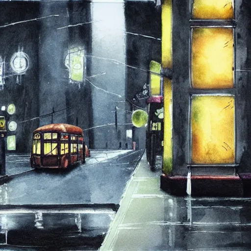 Image similar to dark city bus stop, ghibli style in wet on wet watercolor, very detailed,ArtStation