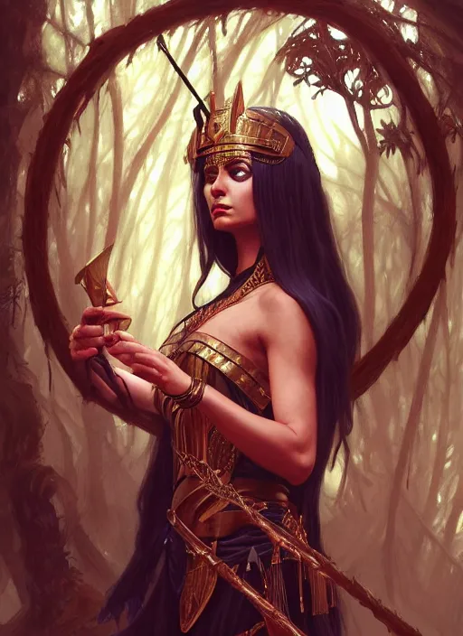 Prompt: cleopatra as the angel of death in a forest, deep focus, d & d, fantasy, intricate, elegant, highly detailed, digital painting, artstation, concept art, matte, sharp focus, illustration, hearthstone, art by artgerm and greg rutkowski and alphonse mucha