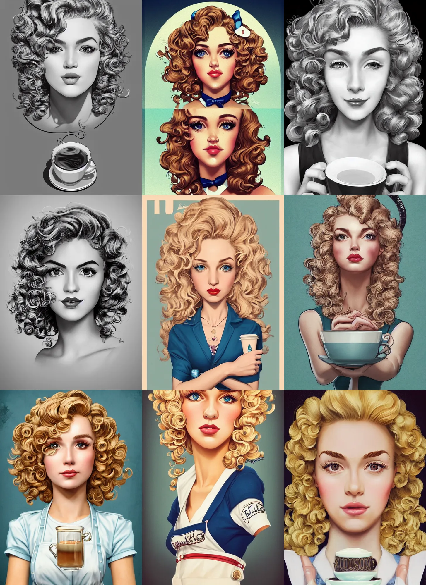 Prompt: beautiful barrista, cute retro attire, blonde curly hair, quizzical expression, symmetrical face two identical symmetrical eyes, feminine figure, smooth skin ,gorgeous, pretty face, beautiful body, high detail, realistic, cgsociety, artgerm, trending on artstation,