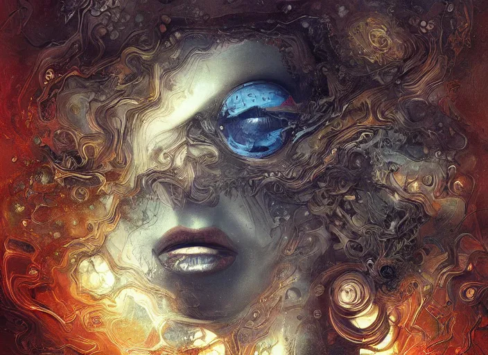 Prompt: A digital painting of a face surrounded by clouds, a surrealist painting by Android Jones, CGsociety, pop surrealism, steampunk, dystopian art, surrealist