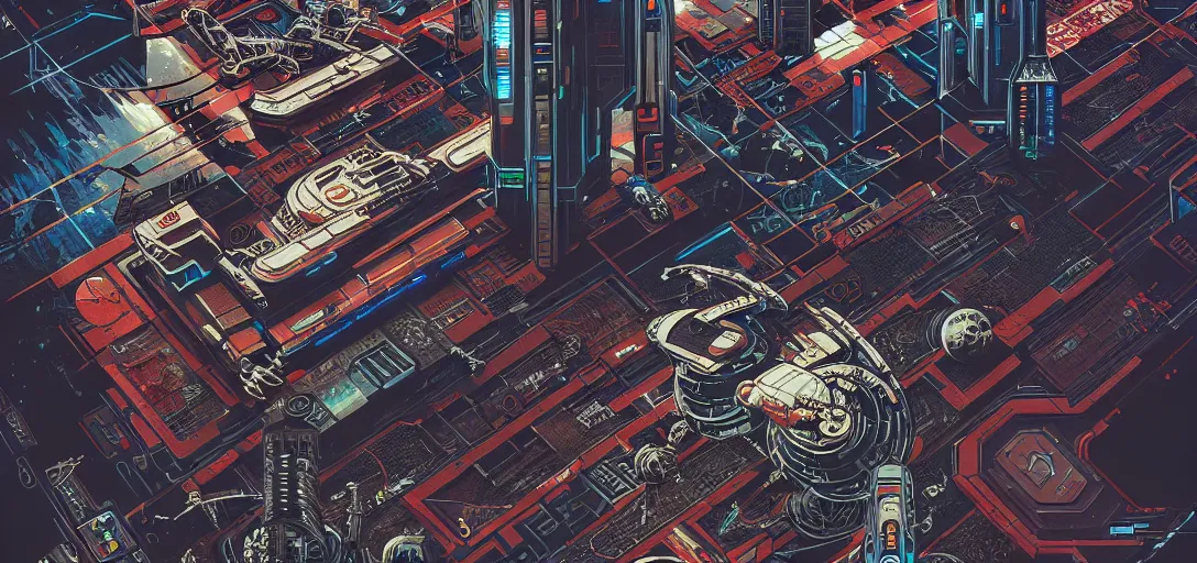 Prompt: cyberpunk mech tiled floor, aerial one point perspective, high details, line art, by vincent di fate and joe fenton, inking, screen print, masterpiece, trending on artstation, sharp,, hyper - detailed, hd, 4 k, 8 k