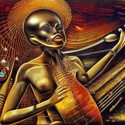 Prompt: a painting of a bunch of alien musical instruments by kinuko craft floating in the water, egyptian art by h. r. ( hans ruedi ) giger, deviantart, gothic art, airbrush art, egyptian art, biomorphic