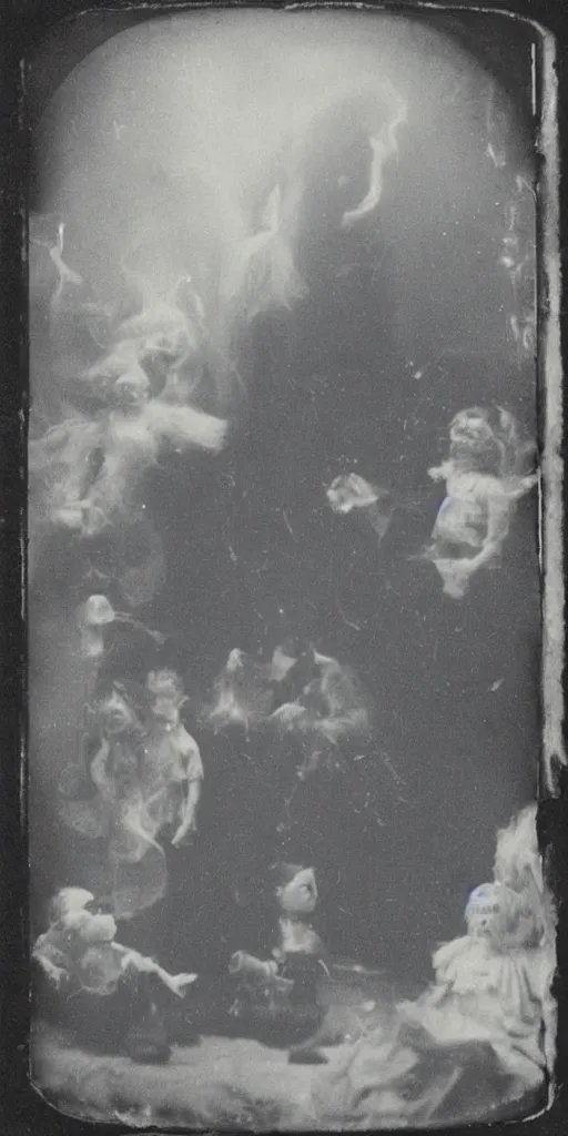 Image similar to spirit photography with glowing bulbous ectoplasm, scary shadow people, sleep paralysis demon, 1 9 0 0 s, slimer, mourning family, invoke fear and dread, old photograph, daguerreotype