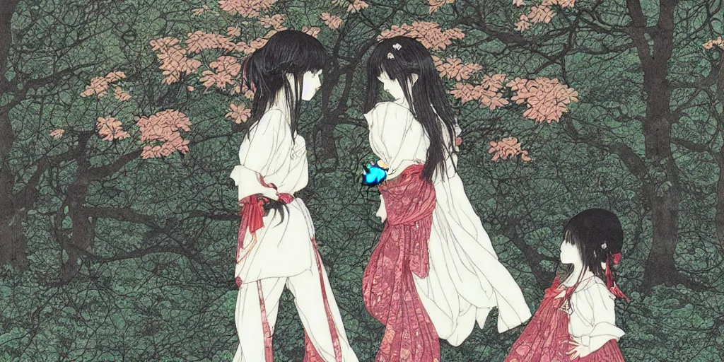 Image similar to a beautiful illustration oftwo girls in jk standing in the playground ， by takato yamamoto