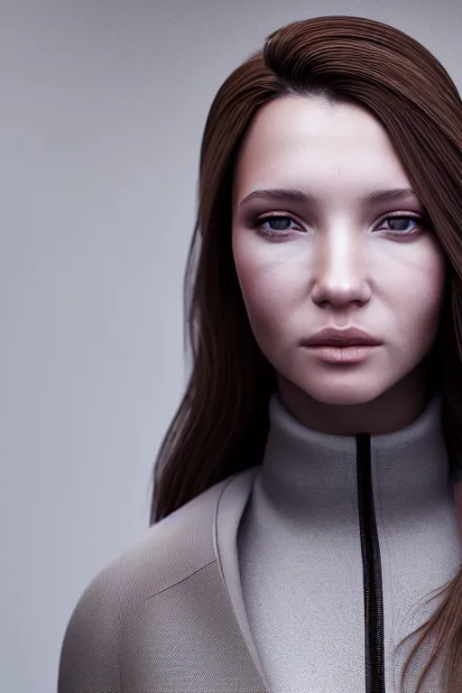 Image similar to hyperdetailed very close portrait of a model, beautiful young female with brown hair and grey eyes, in a tight jacket, volumetric light, by rossdraws and alexander mcqueen, rim light, octane render, 8 k