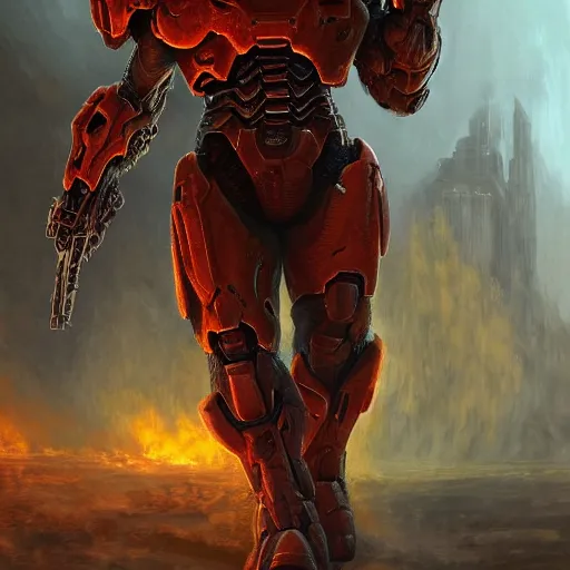 Prompt: doom guy from doom eternal in the halo universe, artstation hall of fame gallery, editors choice, #1 digital painting of all time, most beautiful image ever created, emotionally evocative, greatest art ever made, lifetime achievement magnum opus masterpiece, the most amazing breathtaking image with the deepest message ever painted, a thing of beauty beyond imagination or words, 4k, highly detailed, cinematic lighting