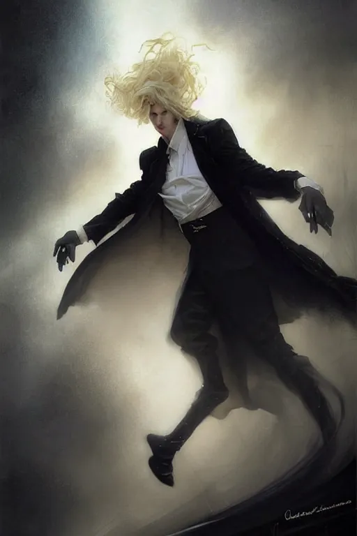 Prompt: johan liebert mixed with alucard picture by Greg Rutkowski, long fluffy blond curly hair, baroque curls, dynamic pose, thicc, matte painting, intricate, z brush, fantasy concept art, elegant, in a white dress shirt and black miniskirt, by Stanley Artgerm Lau, WLOP, golden ratio, thomas kindkade, alphonse mucha, loish, Peter chung, norman Rockwell,