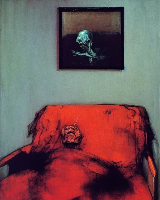 Image similar to thick flowing expressive acrylic painting of an old dead figure sitting on a couch in an old apartment watching the dog chase away the mail man,  Beksinski painting, part by Francisco Goya and Gerhard Richter. art by James Jean, Francis Bacon masterpiece