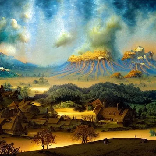 Image similar to a beautiful painting renaissance painting by bob ross and lawlery botticello, panorama, psychedelic painting dark dusty village apparition, by bruce pennington and vincent jusko, watercolor, 2 d game art