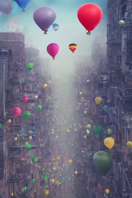 Image similar to a city full of balloons, matte painting