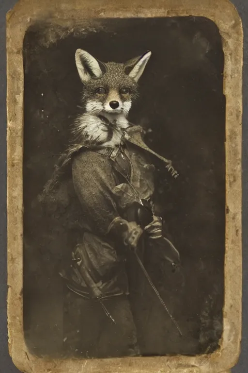 Image similar to a wet plate photo of an anthropomorphic fox dressed as robin hood