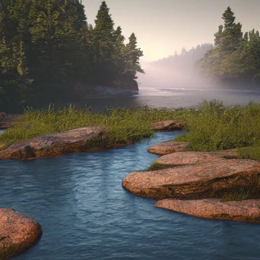 Image similar to a beautiful landscape, river, rocks, trees, volumetric lighting, octane render