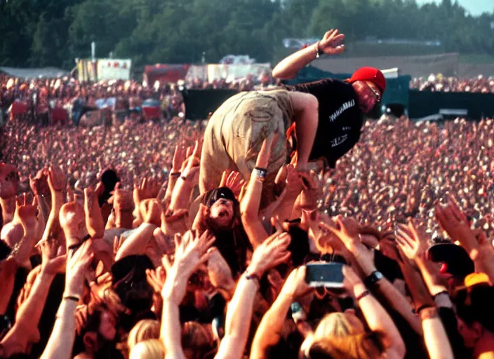 Prompt: photo still fred durst on stage at woodstock 9 9!!!!!!!! at age 3 3 years old 3 3 years of age!!!!!!!! crowd surfing, 8 k, 8 5 mm f 1. 8, studio lighting, rim light, right side key light