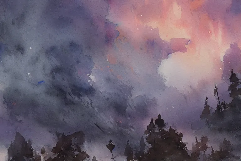 Image similar to small centered on watercolor paper, paint brush strokes, abstract watercolor painting of copper night sky over ancient silver forest, cinematic light, national romanticism by hans dahl, by jesper ejsing, by anders zorn, by greg rutkowski, by greg manchess, by tyler edlin, by craig mullins
