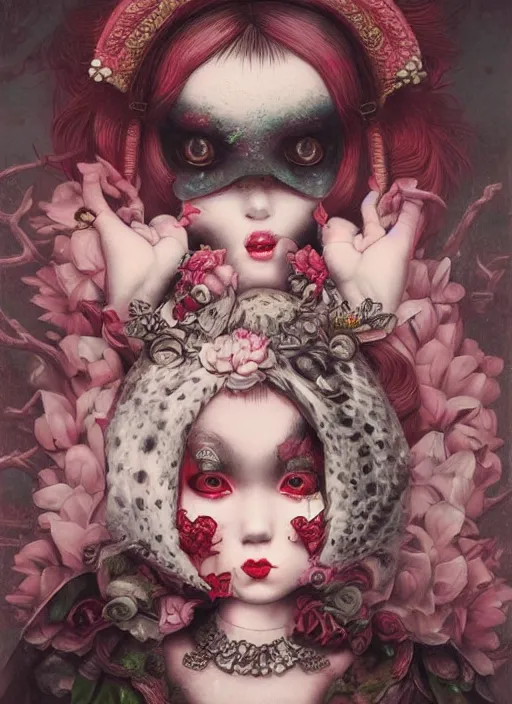 Image similar to pop surrealism, lowbrow art, realistic cute babymetal painting, japanese street fashion, hyper realism, muted colours, rococo, natalie shau, loreta lux, tom bagshaw, mark ryden, trevor brown style,