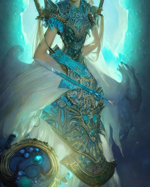 Prompt: Portrait of a Fantasy turquoise knight, moonlit, HD, illustration, epic, D&D, fantasy, intricate, elegant, highly detailed, digital painting, artstation, concept art, smooth, sharp focus, illustration, art by artgerm and greg rutkowski and alphonse mucha, monster hunter illustrations art book