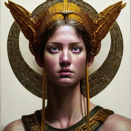 Image similar to hyperrealistic mixed media painting of beautiful goddess Athena, stunning 3d render inspired art by P. Craig Russell and Barry Windsor-Smith, perfect facial symmetry, dim volumetric lighting, 8k octane beautifully detailed render, post-processing, portrait, extremely hyper-detailed, intricate, epic composition, cinematic lighting, masterpiece, trending on artstation, very very detailed, masterpiece, stunning