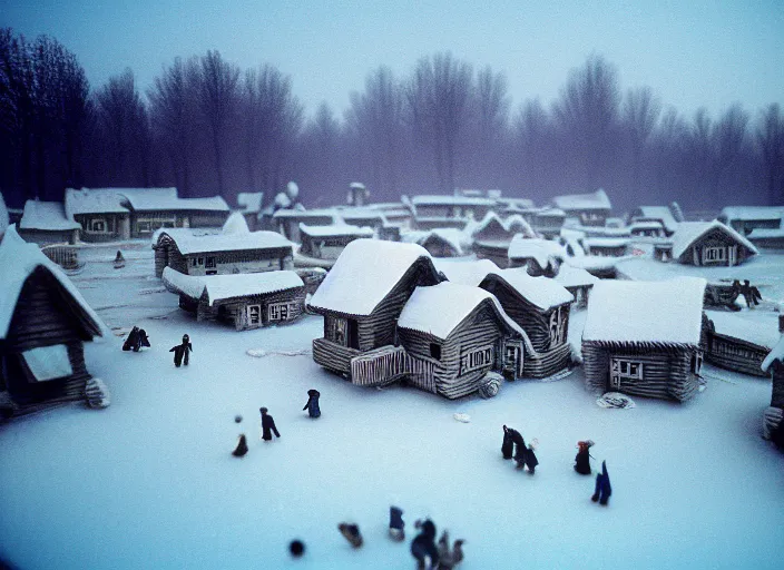 Prompt: realistic documentary photo of a a winter frost crystal cloud village 1 9 9 0, life magazine reportage photo, neutral colors, neutral lighting