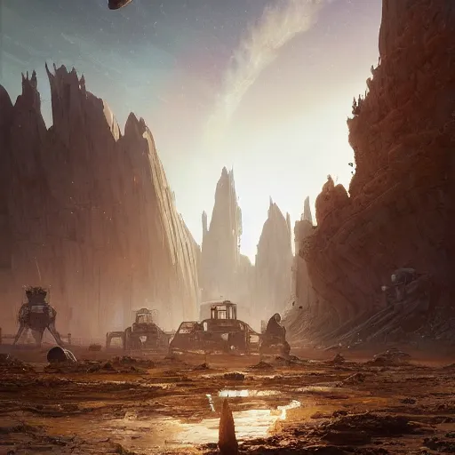 Image similar to thousands of people waiting to enter spaceship in a dry post apocalyptic land, stephen bliss, misty, unreal engine, pixar, fantasy art by greg rutkowski, loish, ferdinand knab, and lois van rossdraws, global illumination, radiant light, minimalist, detailed and intricate environment