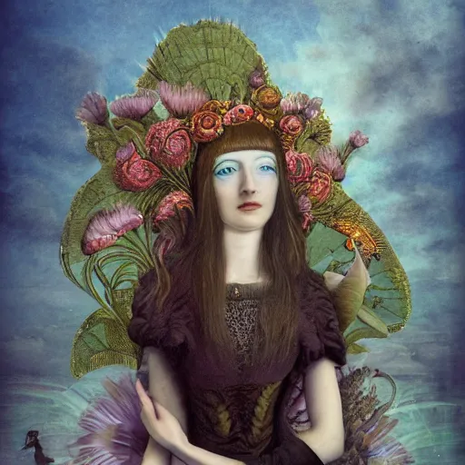 Image similar to a detailed portrait of young woman in renaissance dress and a surreal renaissance headdress, very surreal garden, cyberpunk, surreal tea party, strange creatures, by christian schloe and botticelli, naotto hattori, amy sol, roger dean, moody colors