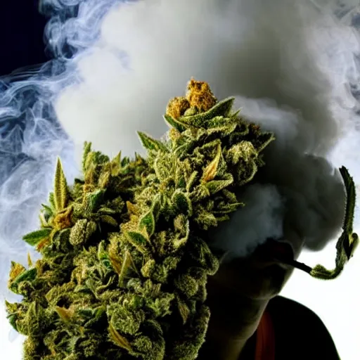 Image similar to barney exhaling a large cloud of smoke, beautiful award winning professional surreal marijuana photography