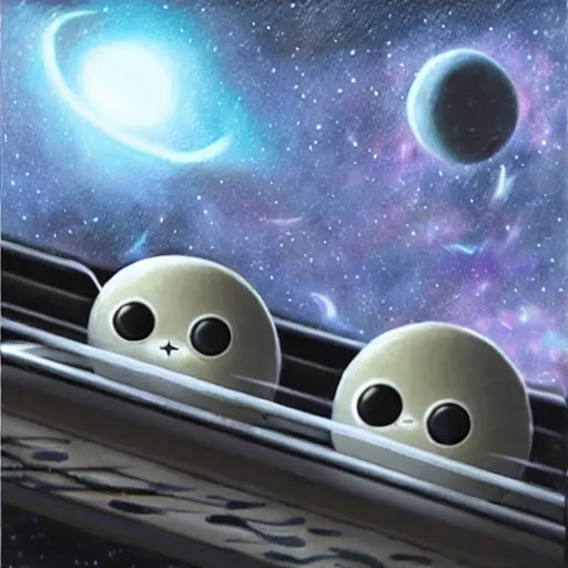 Prompt: cute fluffy aliens on space station balcony watching ringed planet rising over the horizon with dark galaxy nebula background 4 k luminescent detailed oil painting