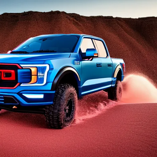 Image similar to Ford F150 Hydro Blue 2022 Truck on a Red Sand Beach at sunset