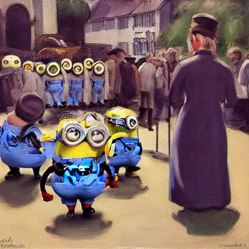 Image similar to the day to day life of the minions, realism movement painting by Christian Krohg