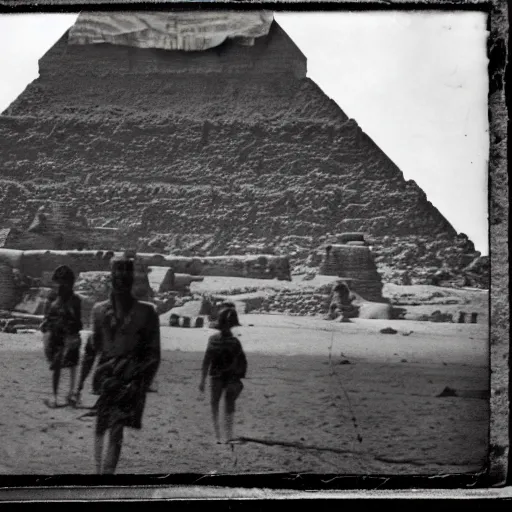 Image similar to tintype photo, underwater, Godzilla walking in front of the pyramids