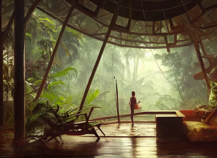 Image similar to a beautiful painting of the interior of a geodesic house in a moist tropical rainforest, living room, by greg rutkowski, realism, artstation, nature