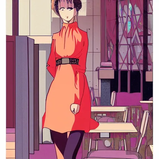 Prompt: young woman at a cafe in paris, graphic novel, pixel art, visual novel cg, 8 0 s anime vibe, vaporwave nostalgia, vogue magazine, kimagure orange road, maison ikkoku, city hunter, great teacher onizuka