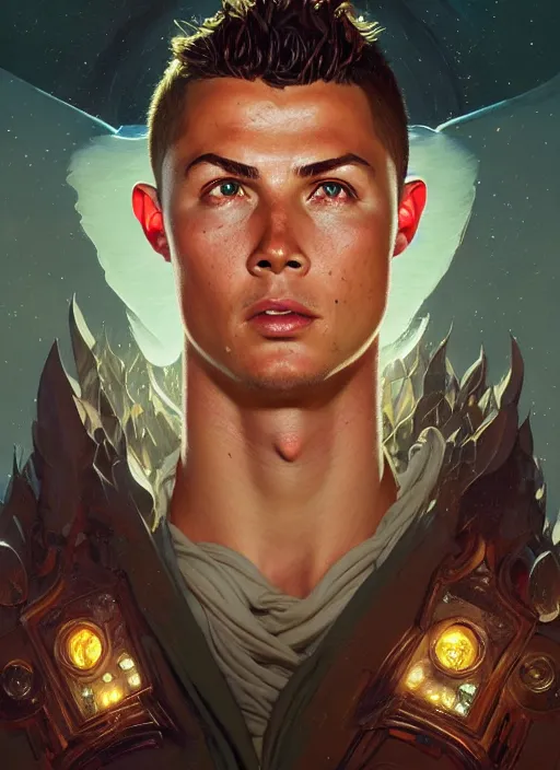 Image similar to highly detailed portrait of ronaldo phenomenal, stephen bliss, unreal engine, fantasy art by greg rutkowski, loish, rhads, ferdinand knab and lois van baarle, ilya kuvshinov, rossdraws, tom bagshaw, alphonse mucha, global illumination, detailed and intricate environment