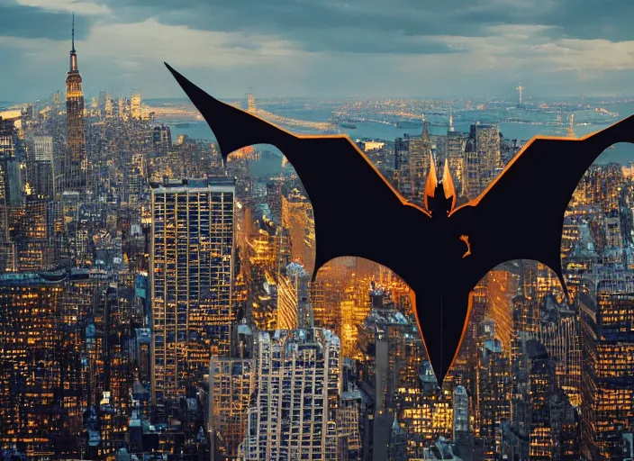 Image similar to charizard flying above new york, film still in the new batman movie, 4 k