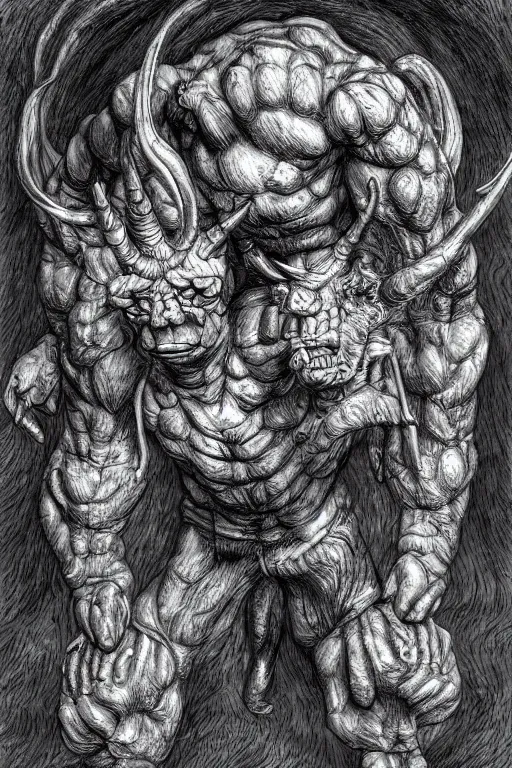 Image similar to humanoid hunched figure troll with 1 horn, ogre, ape, highly detailed, digital art, sharp focus, trending on art station, kentaro miura manga art style