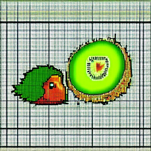 Image similar to kiwi bird eating kiwi fruit, pixel art