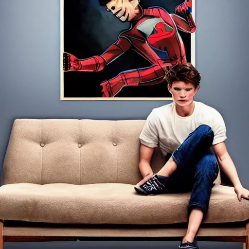 Image similar to epic move poster cow sitting on couch with tom holland