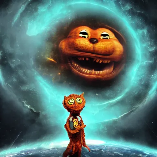 Image similar to eldritch horror bloody garfield in space, hd, 8 k, giant, epic, realistic photo, unreal engine, stars, prophecy, powerful, cinematic lighting, destroyed planet, debris, violent, sinister, ray tracing, dynamic, print, epic composition, dark, horrific, teeth, grotesque, scary, monochrome drawing